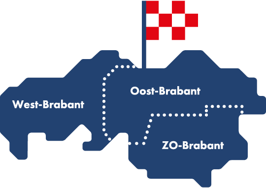Op deze afbeelding zijn de concessiegebieden West-, Oost- en Zuidoost-Brabant weergegeven.
